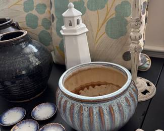 Coastal decor, pottery, butter pats, pillows