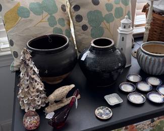 Coastal decor, vintage asian water pots, ginger jars
