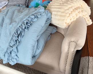 Love seat, bedding, blankets