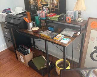 Desk and file cabinet, printer, Dogs Playing Pool on black velvet