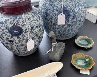 Coastal decor, vintage asian water pots, ginger jars