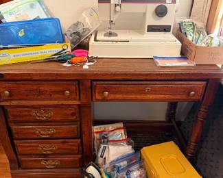 Singer sewing machine; writing desk, sewing notions