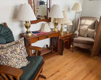 arm chair, glider rocker, mission style sofa console table, gold tone lamps