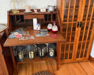 antique writing desk, small display cabinet in mission style