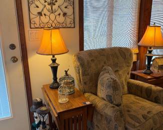 mission style side table, lamps, arm chair