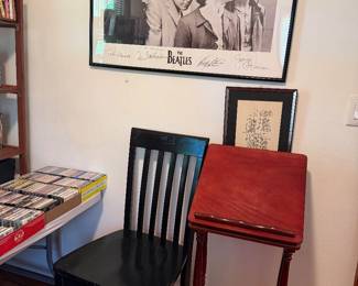 Beatles print, book stand, tall chair