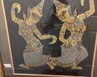 Mid 20th century Thai silk painting with metallic threads