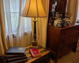 Vintage Stiffel Lamp, Vtg Wood Chest, Assorted Antique Books