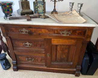 Antique Eastlake Burl Wood Commode/ Side Table