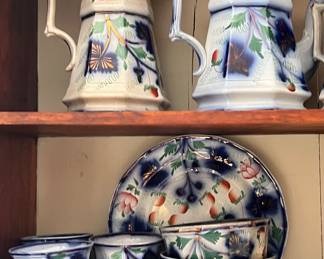 Victorian Gaudy Welsh Pottery Bowls, Plates, Pitcher, Teapot, and More