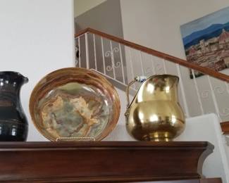 Brass coal scuttle, rock bowl and black vase