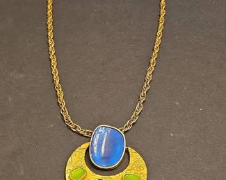 Vintage GoldTone Statement Necklace with Blue and Green Cabochons