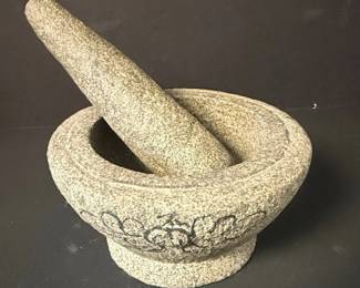 HandCarved Granite Mortar and Pestle with Floral Motif