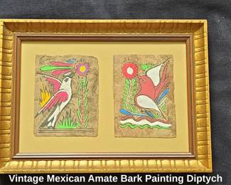 Vintage Mexican Amate Bark Painting Diptych