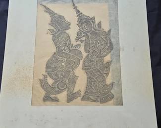 Vintage Thai Temple Rubbing of Celestial Figures