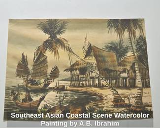 Southeast Asian Coastal Scene Watercolor Painting by A.B. Ibrahim