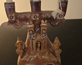 Vintage Peruvian Quinua Clay Candelabra with Church and Figures second image