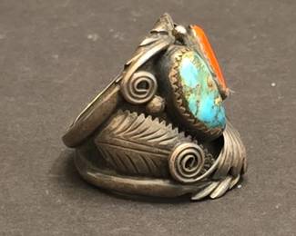 Native American Navajo Sterling Silver Turquoise and Coral Ring