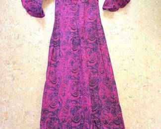 Vintage s Magenta and Black Paisley Bell Sleeve Maxi Dress