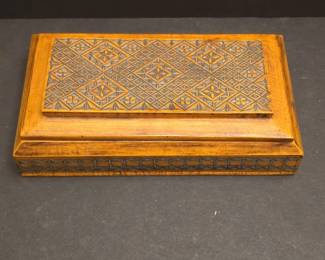 Vintage Yugoslavian Inlaid Wood Jewelry Box with Geometric Pattern second image