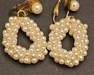 Vintage GoldTone Faux Pearl Cluster Hoop Earrings