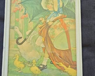 Vintage Childrens Illustration Print, Girl with Umbrella and Ducks