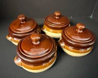 Vintage TwoTone Stoneware French Onion Soup Crocks with Lids, Set of