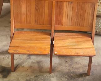 Vintage Wood Slat Double Folding Theater Bench