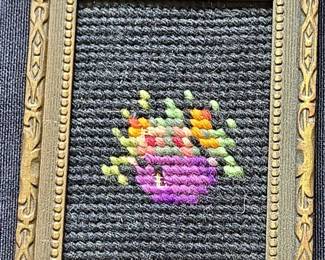Vintage Miniature Floral CrossStitch in Ornate Brass Frame