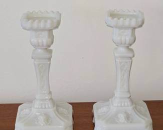Vintage Westmoreland Doric Pattern Milk Glass Candlestick Holders