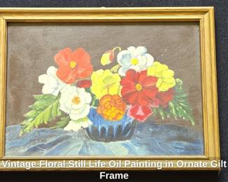 Vintage Floral Still Life Oil Painting in Ornate Gilt Frame