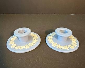 Pair of Vintage Wedgwood Jasperware Candlesticks Pale Blue with Floral Swag