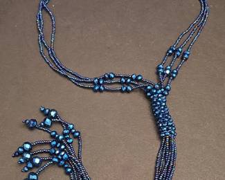 Bamboo Trading Company Iridescent Blue Beaded Lariat Necklace