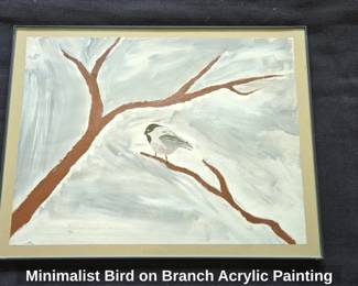 Minimalist Bird on Branch Acrylic Painting
