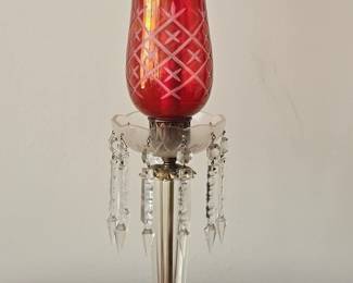 Vintage Cranberry Glass Hurricane Table Lamp with Crystal Prisms