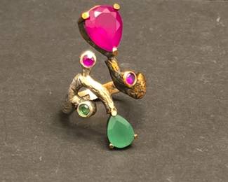 Artisan Sterling Silver Branch Ring with Ruby and Emerald Accents