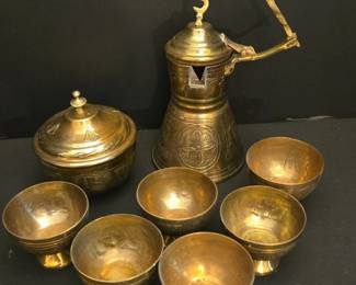 Vintage Brass Turkish Coffee Set with Sugar Bowl and Cups