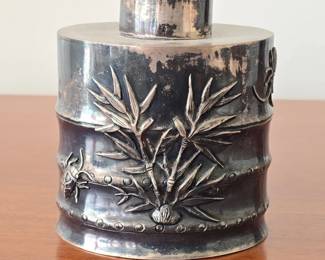 Chinese Export Silver BambooForm Tea Caddy by Wang Hing Co.