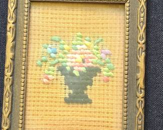 Vintage Miniature Floral Needlepoint in Ornate GoldTone Frame