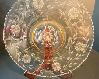 Vintage Etched Floral Depression Glass Divided Serving Plate