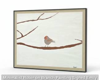 Minimalist Robin on Branch Painting Signed Emily