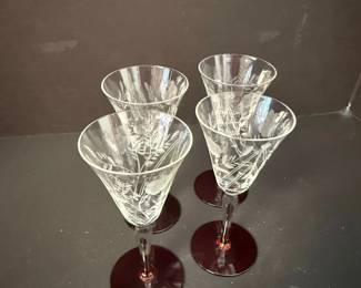 Vintage Etched Floral Wine Glasses with Cranberry Stems and Bases