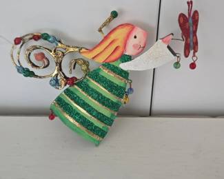 Whimsical Metal Angel Ornament with Butterfly and Beads