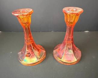 Vintage Marigold Carnival Glass Candlestick Pair Imperial Glass Chesterfield Pattern