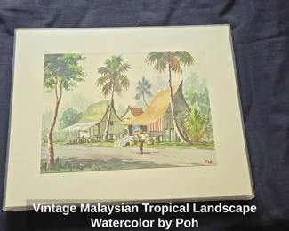 Vintage Malaysian Tropical Landscape Watercolor by Poh