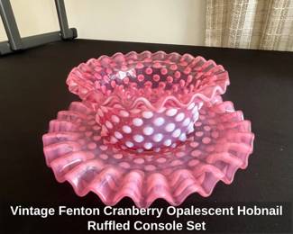 Vintage Fenton Cranberry Opalescent Hobnail Ruffled Console Set