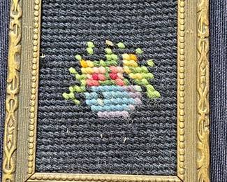 Vintage Miniature Floral Needlepoint in Ornate Gold Frame