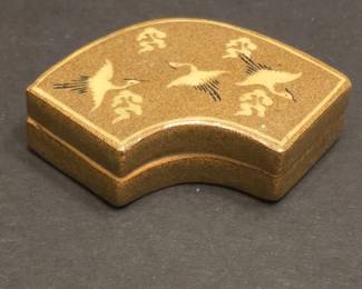 Japanese Ceramic FanShaped Trinket Box with Cranes