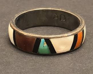 Zuni Sterling Silver Turquoise, Shell, Jet, and Spiny Oyster Inlay Band Ring