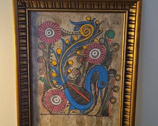 Vintage Mexican Amate Bark Folk Art Bird Painting